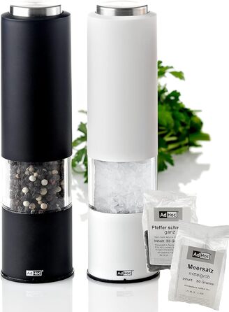Мельница для перца и соли электрическая, набор 2 предмета, черный/белый, с упаковками 50 г перца и морской соли Tropica AdHoc