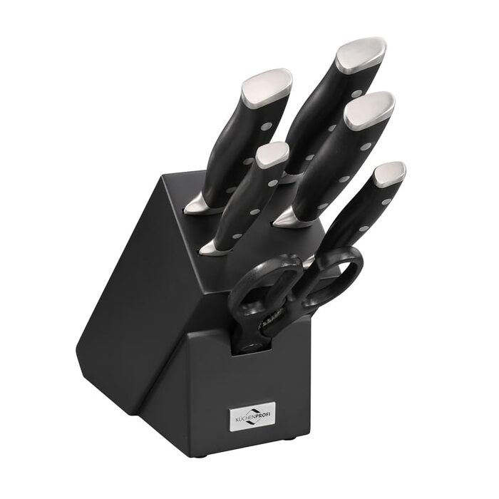 Набір ножів Kchenprofi PRIMUS CLASSIC, 7 предметів, включаючи універсальні ножиці, міцна дерев'яна підставка чорного кольору, універсальний тримач для ножів, набір кухонних ножів ніж для хліба, ніж для м'яса, ніж для овочів