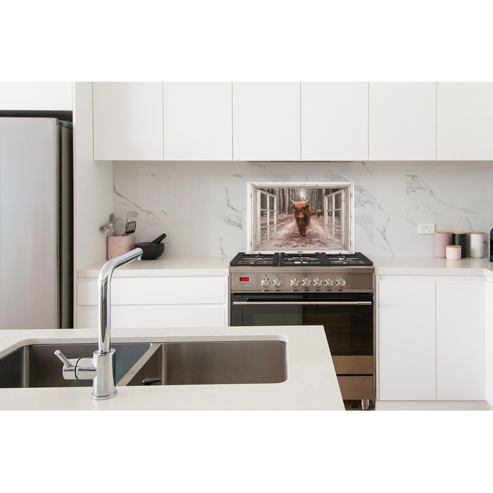 Панель кухонного фартуха, бризкозахисна панель, декор для кухні, алюмінієва панель, бризкозахисна панель для плити, альтернатива скляній панелі, чорна - з малюнком - суцільна - чорна - темна - (вид з вікна на шотландську високогірну худобу, 60x40 см)