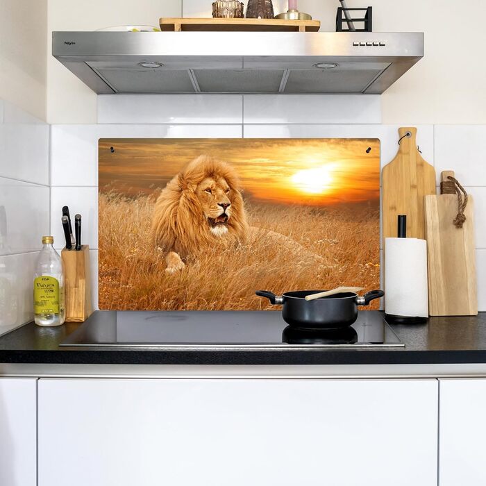 Фартух для плити, кухонний фартух, вініл, 78x52 см, декор для кухні, облицювання стіни, кришка для плити - сіро-чорна (Лев - Захід сонця, 52,7Д x 91,6Ш см)