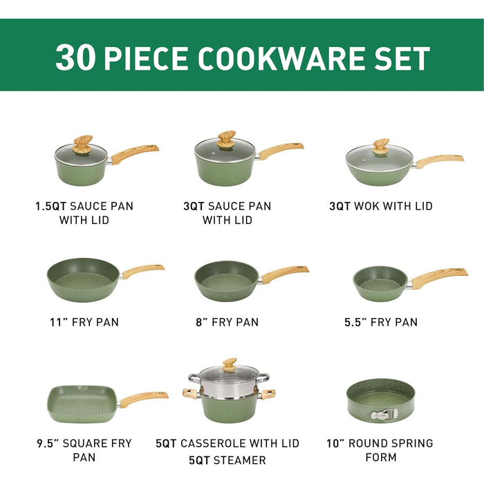 Набір кухонного посуду, 30 предметів, зелений Kitchen Academy