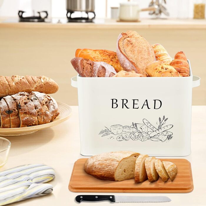 Хлебница Herogo, металлическая хлебница с деревянной крышкой для нарезки хлебной доски, очень большой хлебодержатель для больших буханок хлеба, компактное хранилище для хлеба для кухонной столешницы, крем 33 x 18 x 24,5 см