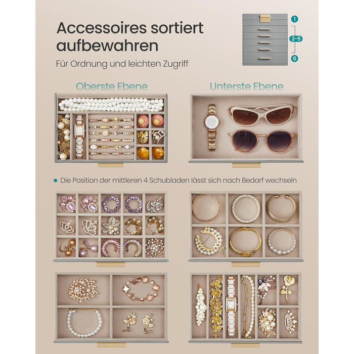 Органайзер для ювелірних виробів 6-рівневий, сірий SONGMICS