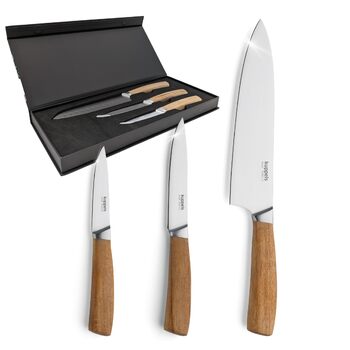 Набір кухонних ножів Kuppels WOOD, 3 предмети ніж шеф-кухаря, ніж універсальний та ніж для овочів з ручкою з акації, надзвичайно гострі ножі з хромо-ванадієвої сталі, професійний набір ножів для мяса та овочів