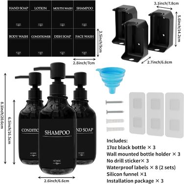 Набір з 3 дозаторів рідкого мила 500 мл з настінним тримачем, чорний колір HCYWOC