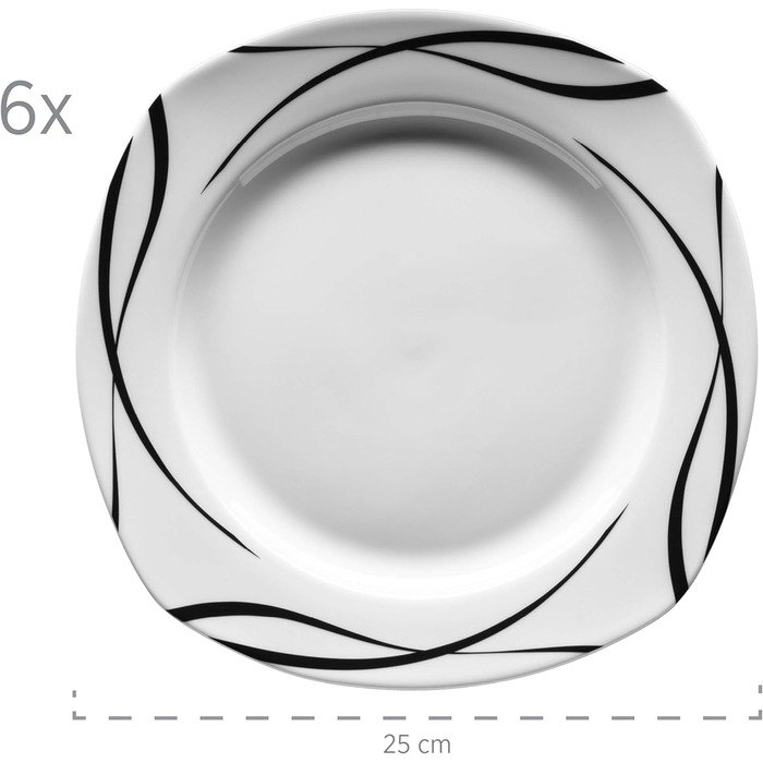Серія Осло, набір тарілок з 12 предметів на 6 персон з порцеляни, столовий сервіз класичний, позачасовий, елегантний, чорно-білий (комбінований сервіз 30 шт. ), 920673
