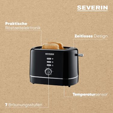 Автоматичний тостер SEVERIN, маленький тостер на 2 скибочки, якісний чорний тостер для підсмажування, розморожування та розігріву, 850 Вт, чорний, AT 4321 чорний / сріблястий