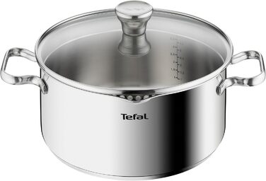 Каструля Tefal Duetto A70542 виготовлена з високоякісної нержавіючої сталі 18/10, з градуйованою кришкою, підходить для всіх типів плит, включаючи індукційні (24 см)