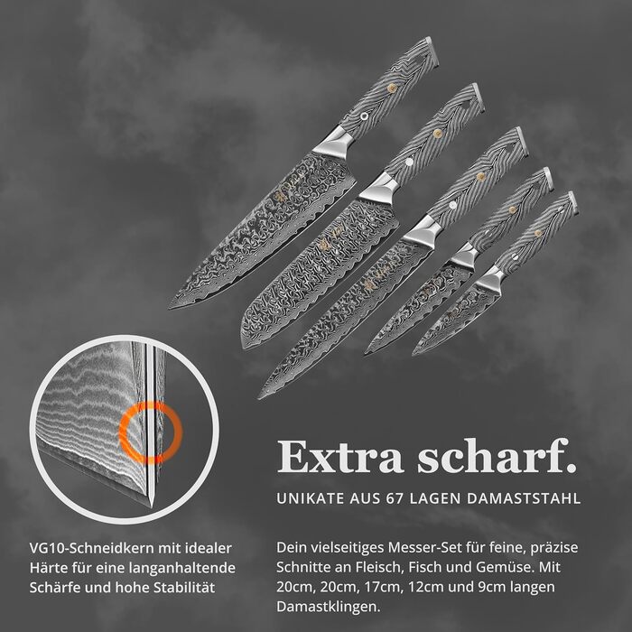 Кулінарний набір ножів з дамаської сталі Sycamore (6 предметів) 67 шарів, ядро з VG10, твердість 602 HRC, ручки з клена, хлібний ніж із серрейторною заточкою, магнітний тримач для ножів, професійні кухонні ножі для точного нарізання (Чорно-білий)