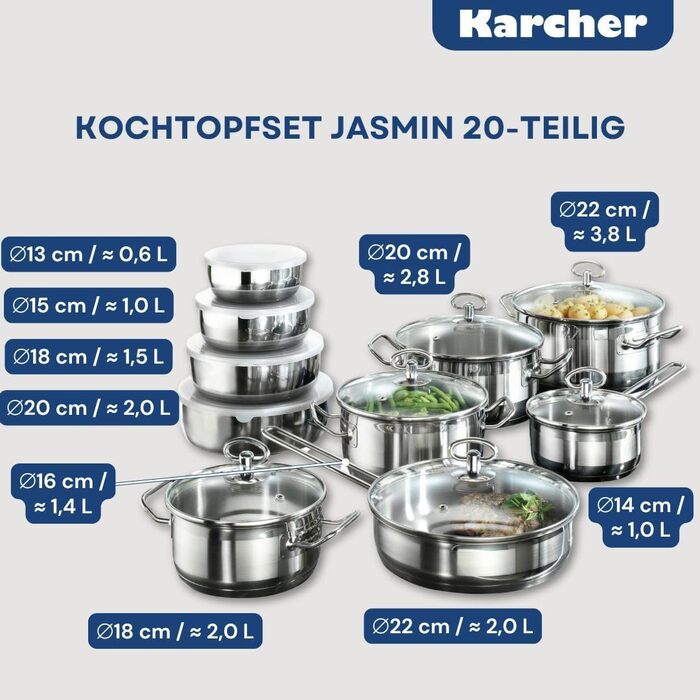Набір посуду Karcher Jasmin, 20 предметів Набір посуду з нержавіючої сталі для індукції, включаючи скляні кришки Каструлі та сковорідки, придатні для миття в посудомийній машині та духовці Посуд для всіх типів плит з чашами з нержавіючої сталі