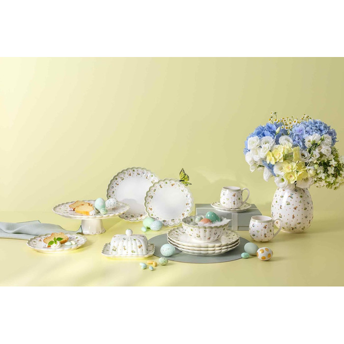 Пасхальний набір для сніданку &quotВеликодня насолода&quot для 2 осіб, 6 предметів, зелений, Пасхальний набір з обідніми тарілками, кухлями та мисками для пластівців, пасхальні керамічні тарілки, чашки та миски, преміум-порцеляна (Сніданок &quotЯйця&quot 
