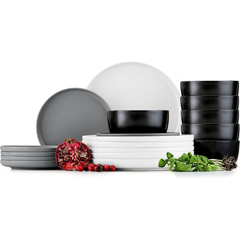 Консімо. Набір посуду Combi 6 персон Набір тарілок VICTO Modern 24 предмети Столовий сервіз - Сервіз та набори столового посуду - Комбінований сервіз 6 осіб - Сервіз для сім'ї - Столовий посуд (18 предметів (супові миски), сірий / білий / чорний)