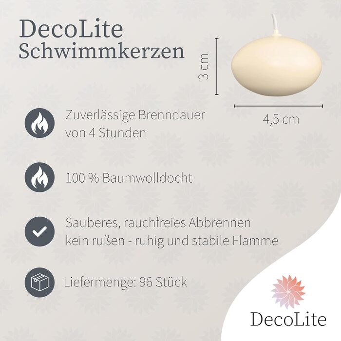 Плаваючих свічок DecoLite 30x45 мм Білий та колір слонової кістки Плаваючі Сертифіковані RAL Без сажі та крапель Прикраса для весіль, літніх вечірок, велнесу, оформлення столу Вигідний набір (білий) (кремовий), 96