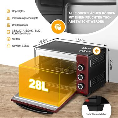 Міні-піч WOLTU 28 л, піч для піци 1600 Вт, 100-230 C, таймер 0-60 хв., 3 режими нагріву, включаючи деко, решітку для гриля, піддон для крихт, підйомник решітки, міні-піч для випікання, запікання, розморожування, нагрівання, (червоний чорний)
