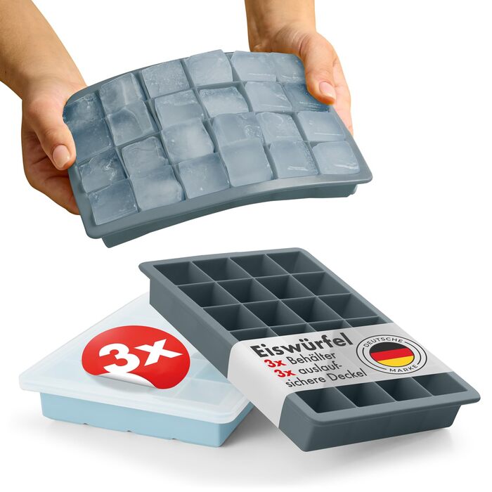 Силіконові формочки для льоду Blumtal, набір з 3 шт. - форма для льоду на 24 кубики з кришкою - силіконова форма для льоду без бісфенолу А - безпечна для харчових продуктів - форма для льоду - сіро-блакитний сіро-блакитний світло-блакитний сіро-блакитний 