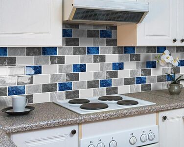Мозаїчна плитка DEWOO 3D, наклейки на стіну, клейка плитка Metro, самоклеюча імітація плитки для кухні та ванної кімнати - штука, (30,5 x 30,5 см) (10, мармурово-синій)