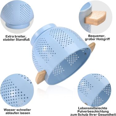 Металеве сито для пасти з дерев&39яною ручкою та стабільною основою, велике кухонне сито 22 см для пасти, овочів та фруктів, міцне кухонне сито (синє)