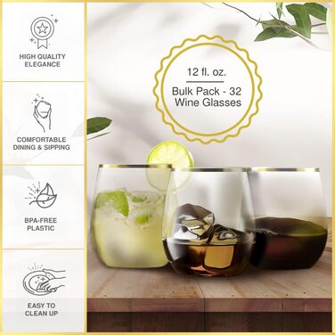 Пластиковые бокалы для вина без ножки 32 шт 340 мл CHATEAU FINE TABLEWARE