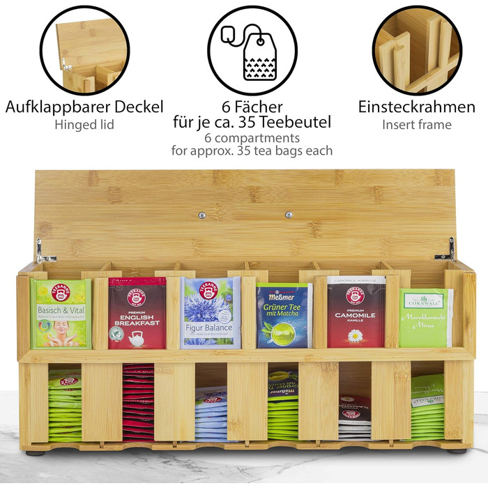 Дерев'яна чайна коробка ONVAYA Чайна коробка з 6 відділеннями Коробка для чайних пакетиків приблизно на 200 Коробка для зберігання чаю Диспенсер для бамбукових чайних пакетиків Органайзер для чайних пакетиків