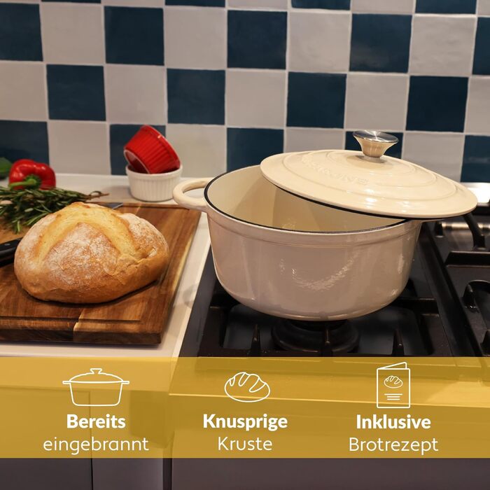 Чавунна каструля Chefarone 24 см, Емальована каструля з кришкою для випікання хліба, тушкування та запікання Хлібна каструля, сумісна з індукцією (вершки, 4,7 л)