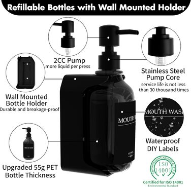 Набір з 3 дозаторів рідкого мила 500 мл з настінним тримачем, чорний колір HCYWOC
