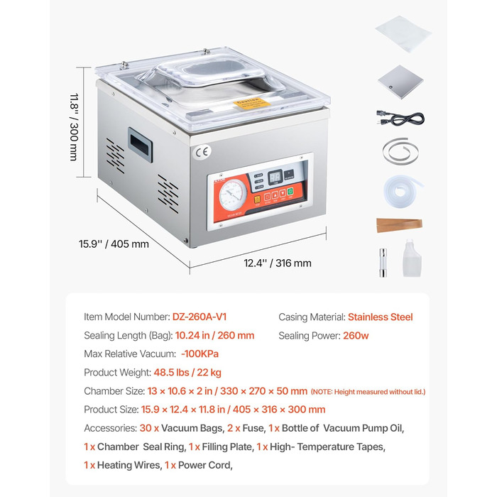 Профессиональный камерный вакууматор 180 Вт DZ-260A VEVOR