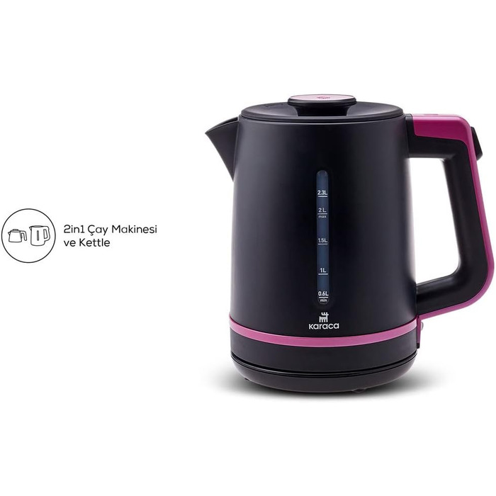 Чайник Karaca Maxi Tea XL 2-в-1 зі скляним чайником та заварником, чайник 1,25 л, резервуар для води 2,3 л, 1700 Вт, основа, що обертається на 360, скляне ситечко для чаю, функція автоматичного підігріву (малина)