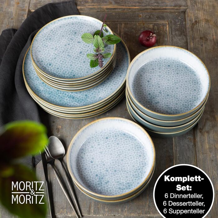 Набір посуду Moritz & Moritz TERRA з 18 предметів 6 осіб набір тарілок яскраво-синього кольору з високоякісної порцеляни столовий посуд 6 обідніх тарілок, десертних тарілок і мисок Набір посуду з 18 предметів
