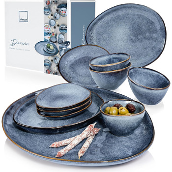 ПЕВЕЦ Столовый сервиз Darwin 12 шт., набор глиняной посуды на 4 персоны, набор тарелок синего цвета, включая обеденную тарелку, десертную тарелку и глубокие тарелки, столовую посуду, набор посуды ручной работы (набор сервировочных блюд 1)