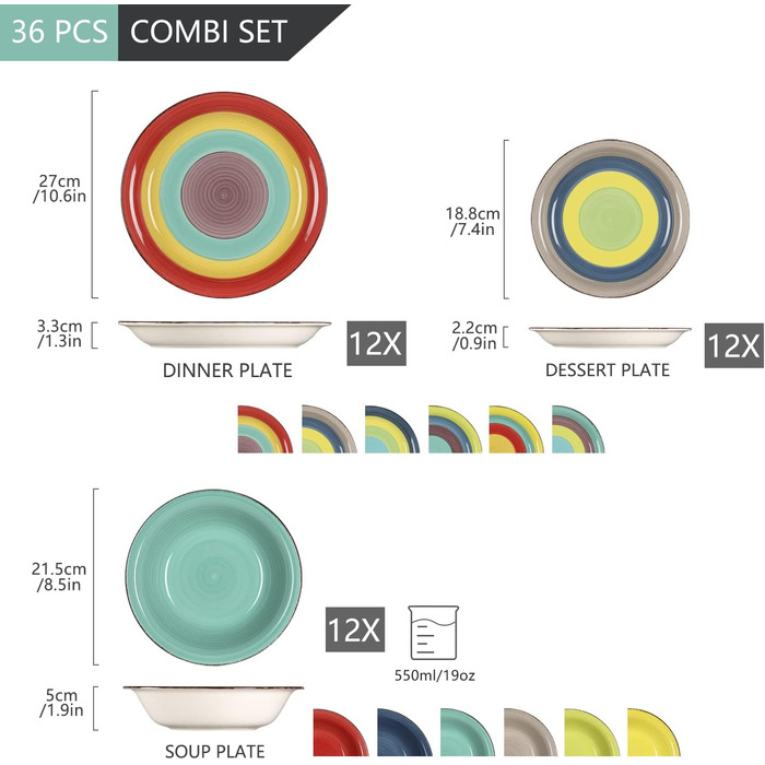 Столовий сервіз з керамограніту, комбінований сервіз vancasso BONITA з 36 предметів, набір столового посуду на 12 осіб, 12 обідніх тарілок, супова тарілка та десертна тарілка (Arco, 36 шт. Gechirr)
