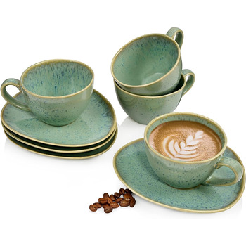 ПЕВЕЦ Набор кофейных чашек с блюдцем Maya 8 шт., кофейный сервиз на 4 персоны, набор глиняных чашек мятно-зеленого цвета с синим градиентом, современная посуда и посудомоечная машина Кофейные стаканчики 230 мл 8 шт.