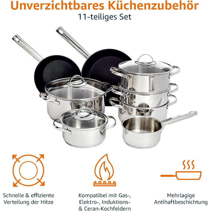 Набір посуду Kitchen-Profi Basics з 11 предметів з нержавіючої сталі, безпечний для індукції, з кришками, сріблястий