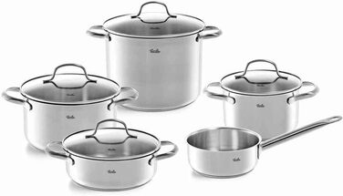 Набір посуду Fissler San Francisco/Нержавіюча сталь, 5 предметів, набір посуду, каструлі зі скляною кришкою, індукція (3 каструлі, 1 каструля для тушкування, 1 каструля) Індукція