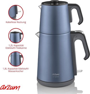 Електричний турецький чайник, 2200 Вт, чайник 3,5 л, скляний чайник 1,2 л, нержавіюча сталь, інтелектуальний контроль температури, захист від кипіння (39 см x 25 см x 20 см, колір Ocean Blue)