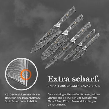 Кулінарний набір ножів з дамаської сталі Sycamore (6 предметів) 67 шарів, ядро з VG10, твердість 602 HRC, ручки з клена, хлібний ніж із серрейторною заточкою, магнітний тримач для ножів, професійні кухонні ножі для точного нарізання (Чорно-білий)