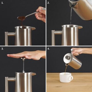 Френч-прес Blumtal з нержавіючої сталі 350 мл (2 чашки) - Двостінна ізольована термокавоварка з мірною шкалою, включаючи змінний фільтр та інструкцію, можна мити в посудомийній машині, доступна в 3 розмірах. Місткість кави 350 мл