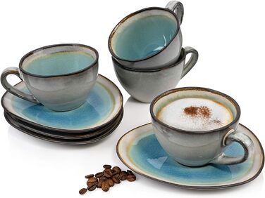 Співачка Набір чашок для кави Capri з блюдцями, набір чашок з керамограніту з 8 предметів, сучасний вінтажний дизайн Набір кавових чашок 230 мл 8 шт.