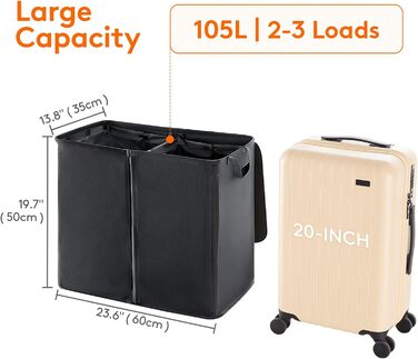 Кошик для білизни Lifewit з кришкою 2 відділення, збірник для білизни з 2 знімними мішками для білизни, складні кошики для білизни Кошики для білизни Коробка для білизни Тканинні кошики для білизни для ванної кімнати Спальня, (105 л, чорний)