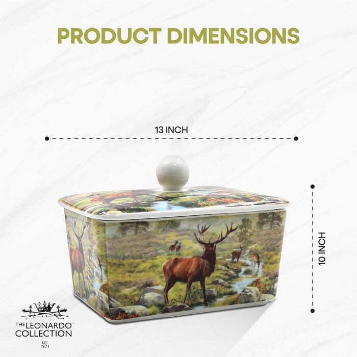 Маслянка з кришкою, китайська кераміка, з гарними акварельними мотивами, дизайн якої розроблено галереєю Дженніфер Роуз для Busy Bees (біла з ілюстрацією оленя натурального кольору)