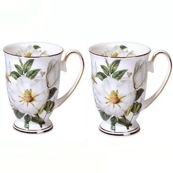 Набір із 2 порцелянових кавових кухлів, квітковий візерунок, чашки у формі кістки, китайський стиль, 300 мл, з ручкою для кави, чаю, молока, капучино (B)