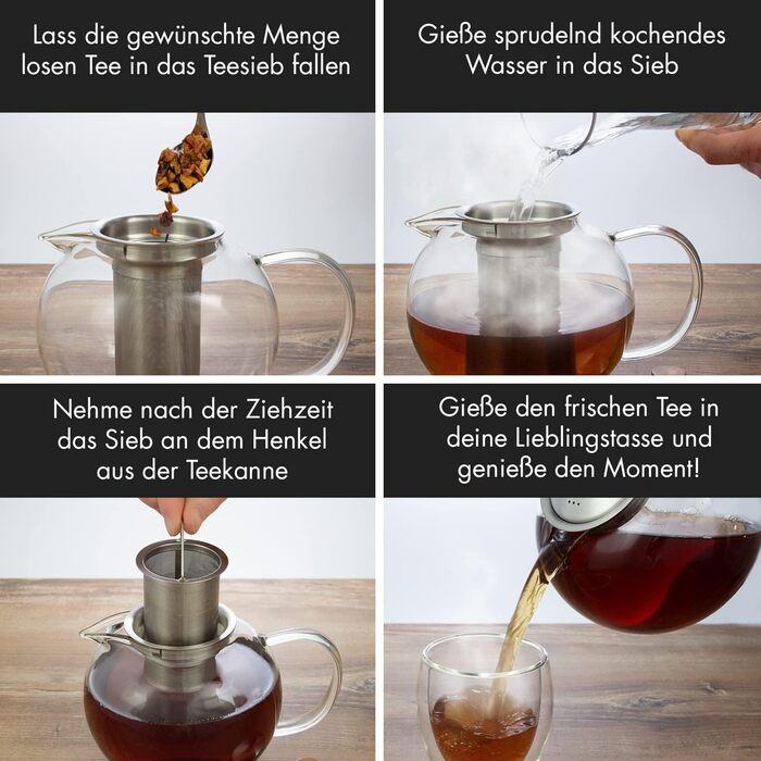 Л) - Чайник з ситечком для чаю з нержавіючої сталі - Скляний глечик для чайника з кришкою та елегантною дерев'яною ручкою (з дерев'яною грілкою, 1,3 л), 1,8