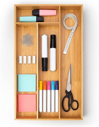 Бамбуковий лоток для столових приборів Blumtal - Регульована перегородка для шухляд для кухні - Органайзер для столових приборів з 7-9 відділеннями - Висувна шухляда для кухонних шухляд - Великий, гнучкий органайзер для столових приборів - 7-9 відділень (