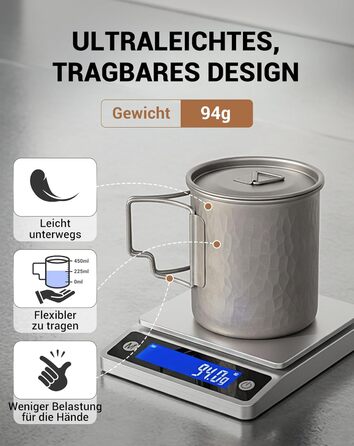 Туристическая кружка из титана с крышкой и складной ручкой 450 мл COOK'N'ESCAPE