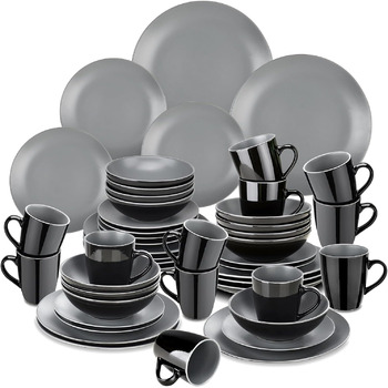 Столовый сервиз из керамогранита, набор посуды vancasso MODA, винтажный вид, комбинированный сервиз из 40 предметов, включающий 8 обеденных тарелок, тарелки для тортов, суповые тарелки, миски и чашки каждая (Lento светло-серый, набор посуды 48 предметов)
