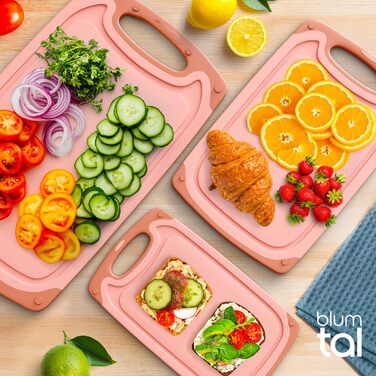 Набір обробних дощок Blumtal 3 розміри (S/M/L) - Велика пластикова обробна дошка з пазами для соку та ручкою - Міцна кухонна обробна дошка без BPA (рожевий колір, комплект з 3 предметів)