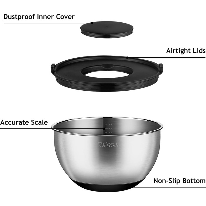Набір мисок з нержавіючої сталі Velaze, салатниця з 5 предметів з кришкою, миска для змішування з 3 терками, нековзна силіконова основа, 5 л 3 л 2 л 1,5 л 1,5 л 1 л різні розміри для різних потреб 5 комплект срібла