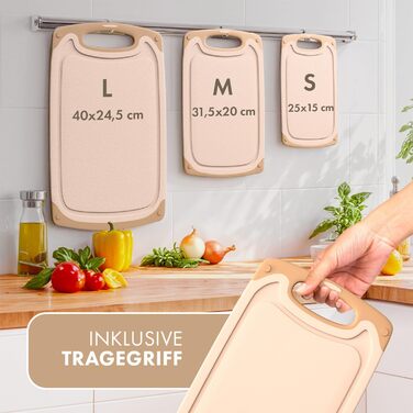 Набір обробних дощок Blumtal 3 розміри (S/M/L) - Велика пластикова обробна дошка з пазами для соку та ручкою - Міцна кухонна обробна дошка без BPA (бежевий, комплект з 3 предметів)