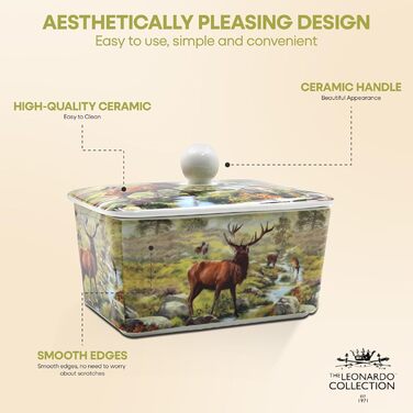 Маслянка з кришкою, китайська кераміка, з гарними акварельними мотивами, дизайн якої розроблено галереєю Дженніфер Роуз для Busy Bees (біла з ілюстрацією оленя натурального кольору)