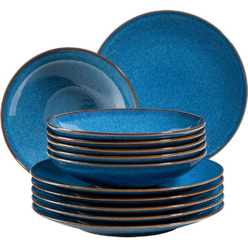 Набор тарелок Ossia на 6 персон в средиземноморском винтажном стиле, современный столовый сервиз из 12 предметов с суповыми тарелками и обеденными тарелками, королевский синий, керамогранит, 931946 Series
