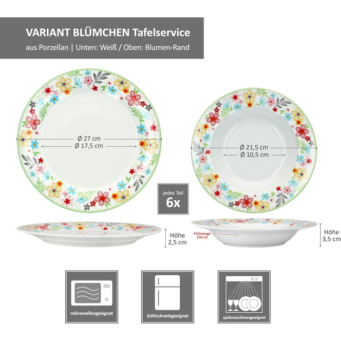 Набір столового посуду MamboCat Variant Floral з 12 предметів Барвистий порцеляновий посуд для 6 осіб 6 барвистих супових тарілок та 6 обідніх тарілок Обідні та глибокі тарілки для сніданку, обіду та вечері